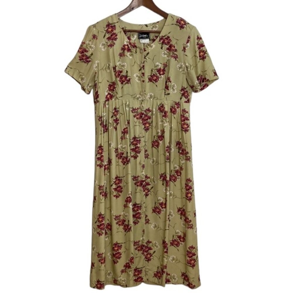 Vintage Dress Womens 10 Khaki Tan Floral Short Sleeve Midi Tie Back 90s Grunge